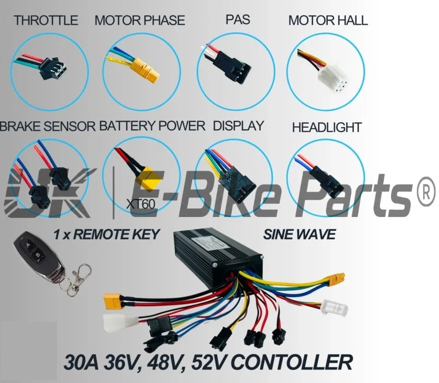 YF E Bike 30A Sine Wave Controller 36V48V52V Speed Limiter Key 750W1000W1500W