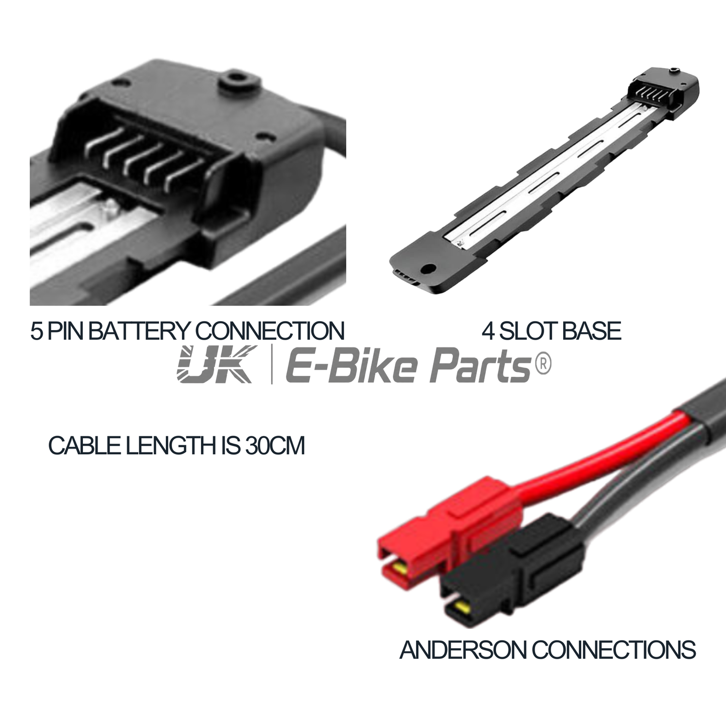 Ebike Poly Battery Base 5 Pin 4 Slot Holder | 30A Fuse & Anderson Connector | Replacement Mount for Electric Bicycle Battery Pack
