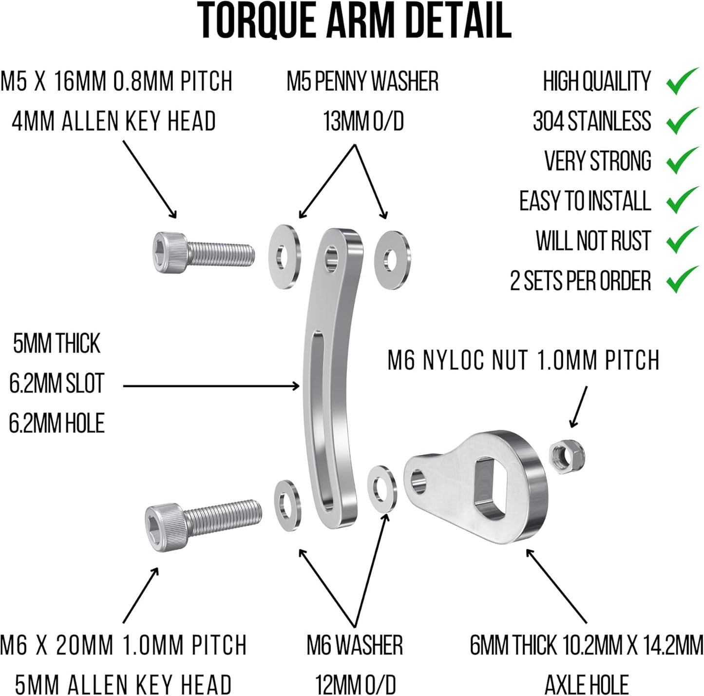 Heavy Duty Universal Torque Arm 6mm Thick Stainless Steel M12 M14 Axle Fitment