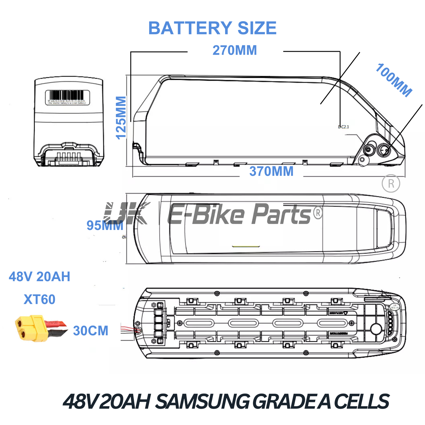 48V 20Ah 1000Wh Poly E Bike Battery | 21700 50GB Cells 40A BMS XT60 + Charger UK | 250W-1500W
