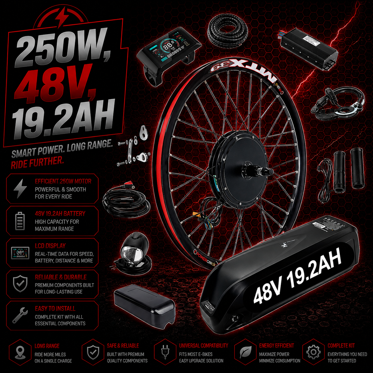 Electric Bike Conversion Kit 48V 1000W/250W MTX 7-11 Speed Cassette Rear Wheel & Battery 26″ 27.5″ 29″ Remote Key