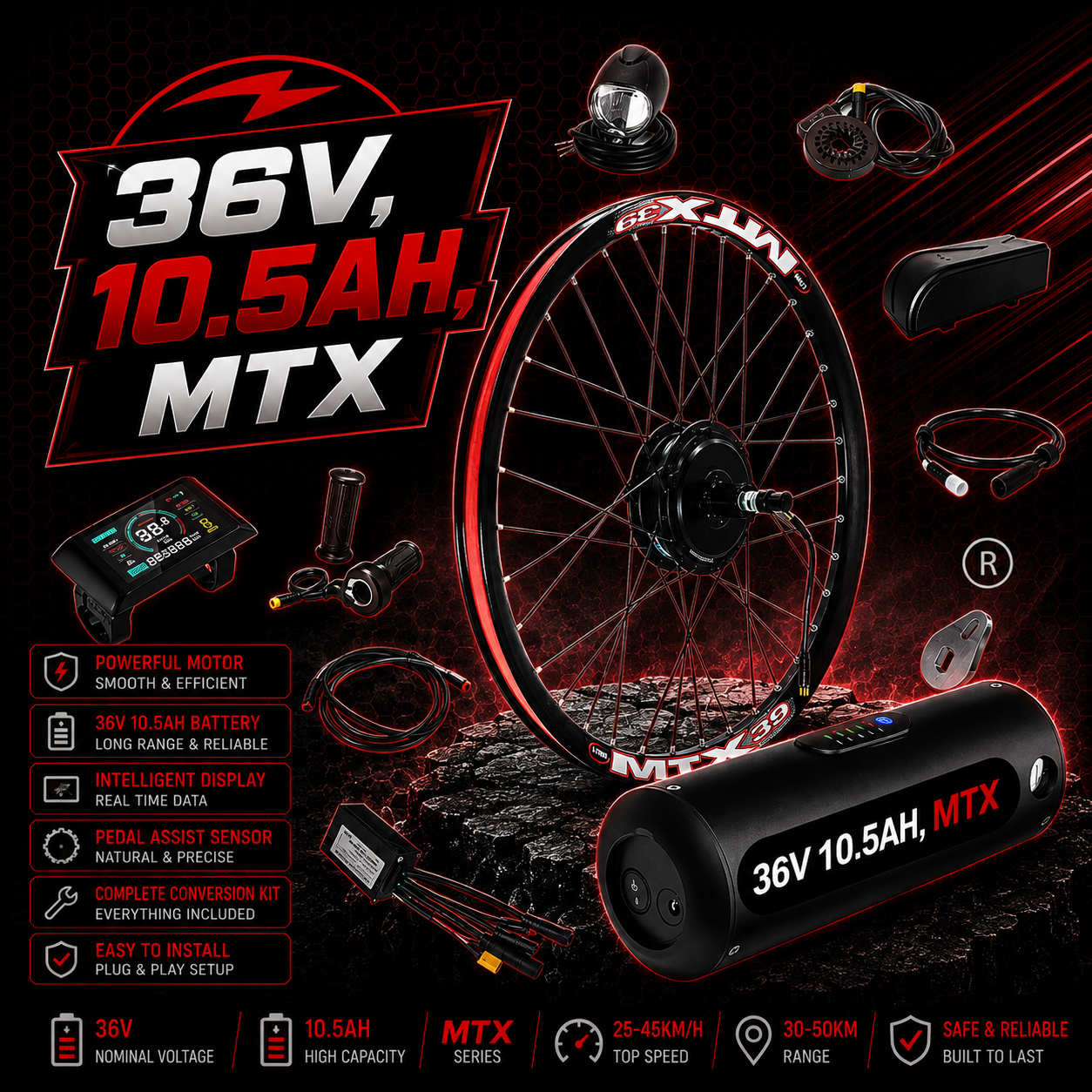 Ultimate MTX 250W E Bike Conversion Kit Cassette 7-11 Speed Rear Wheel LG 36V 10.5AH | 7AH | 48V