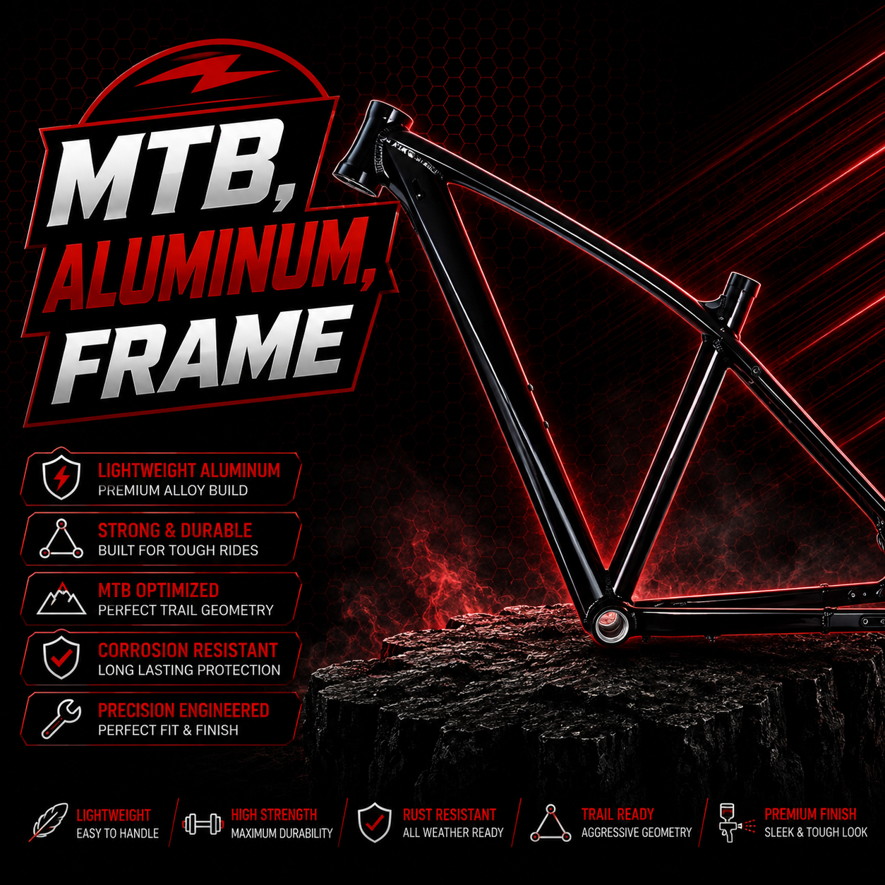 MTB Aluminum Frame Size Medium Large Gloss Black 26″ 27.5″ 29″ Wheel Size Trek Style
