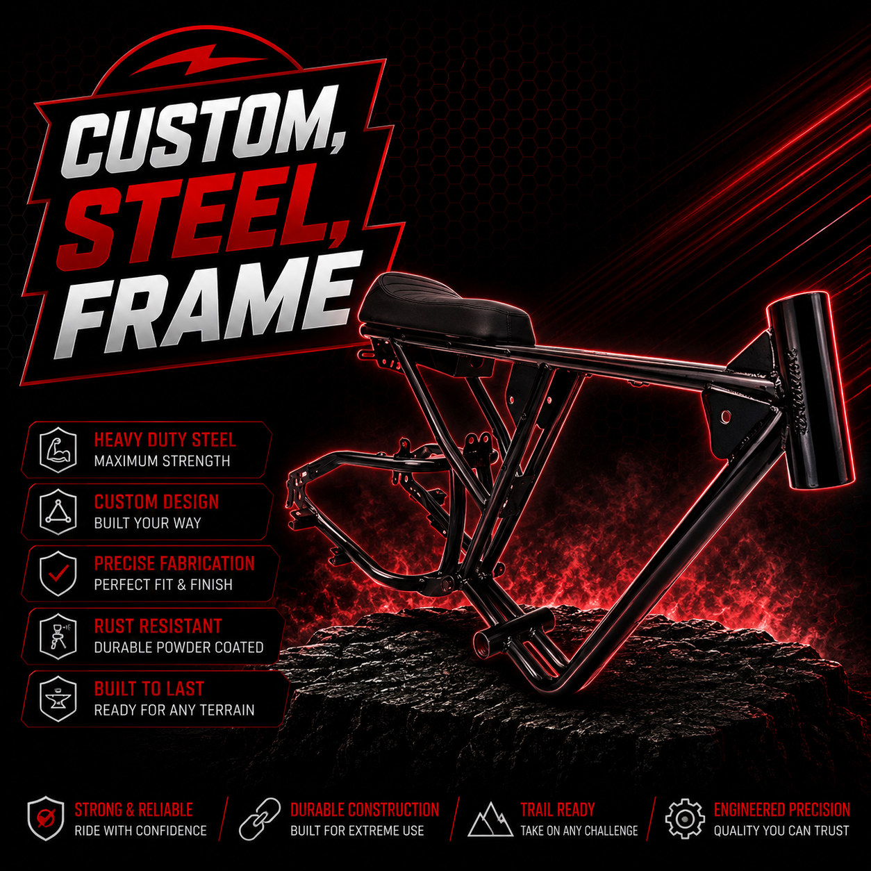 Custom Steel Fat E Bike Frame Full Suspension 20 Inch x 4 Inch Wheels Super 73