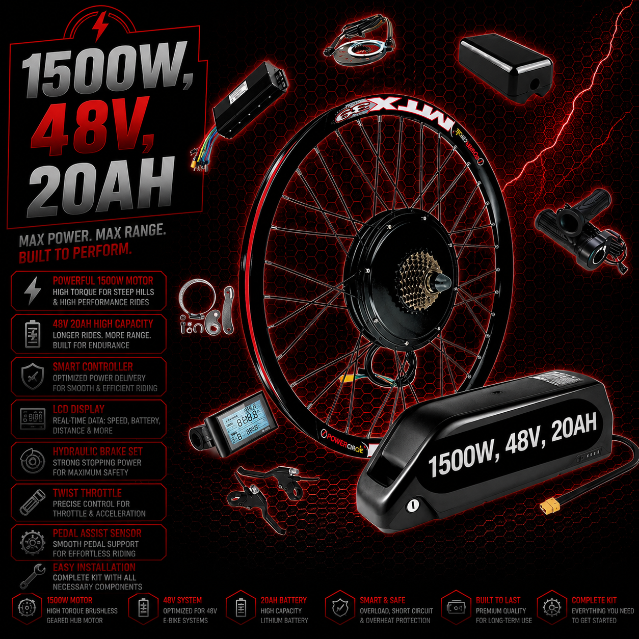1500W E-Bike Conversion Kit 48V 20AH Battery SW900 Display Original MTX39 Rim Rear Wheel 7 Speed