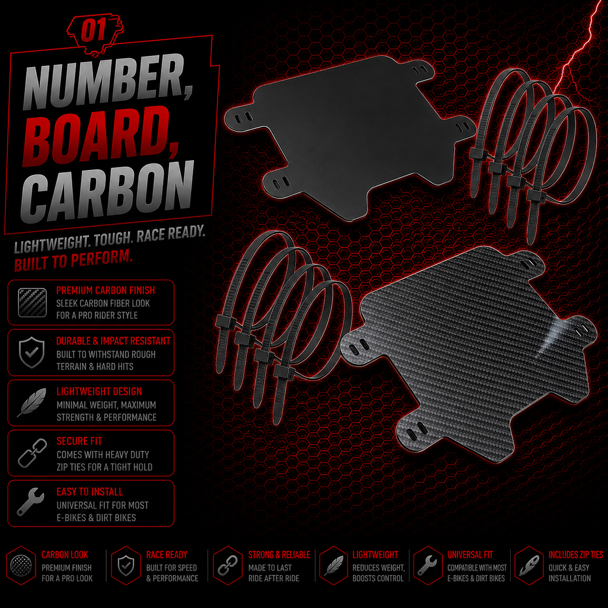 Ebike Number Board Carbon Finish Matt Black for Triple Crown Forks Easy Install with Cable Ties