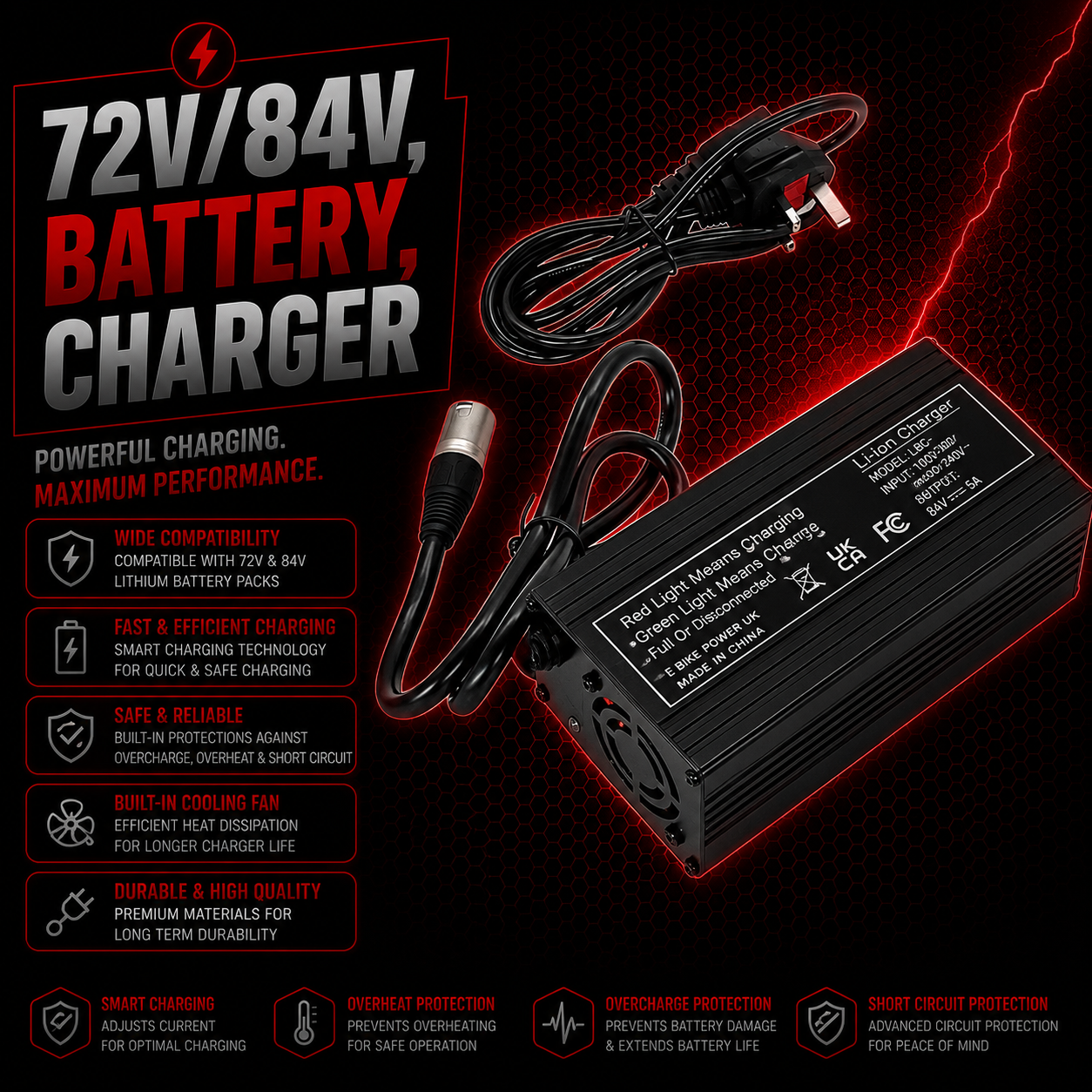72V/84V E Bike Battery Charger 3A XLR Plug, UK Plug, Fan Cooled, Aluminium Body, Black Finish
