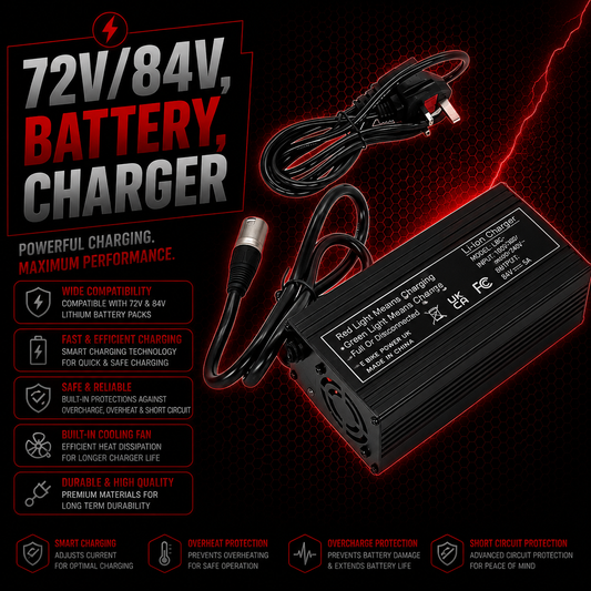 72V/84V E Bike Battery Charger 3A XLR Plug, UK Plug, Fan Cooled, Aluminium Body, Black Finish