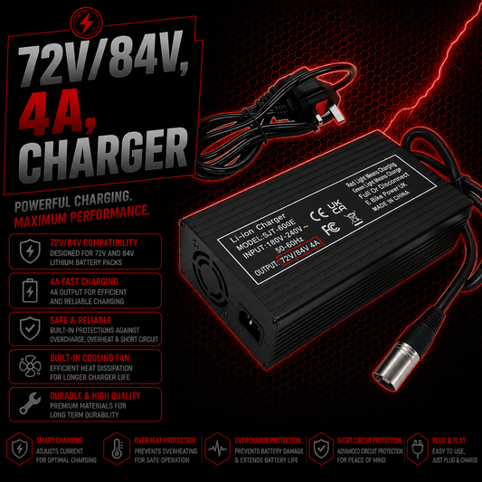 72V/84V E Bike Battery Charger 4A XLR Plug, UK Plug, Fan Cooled, Aluminium Body, Black Finish
