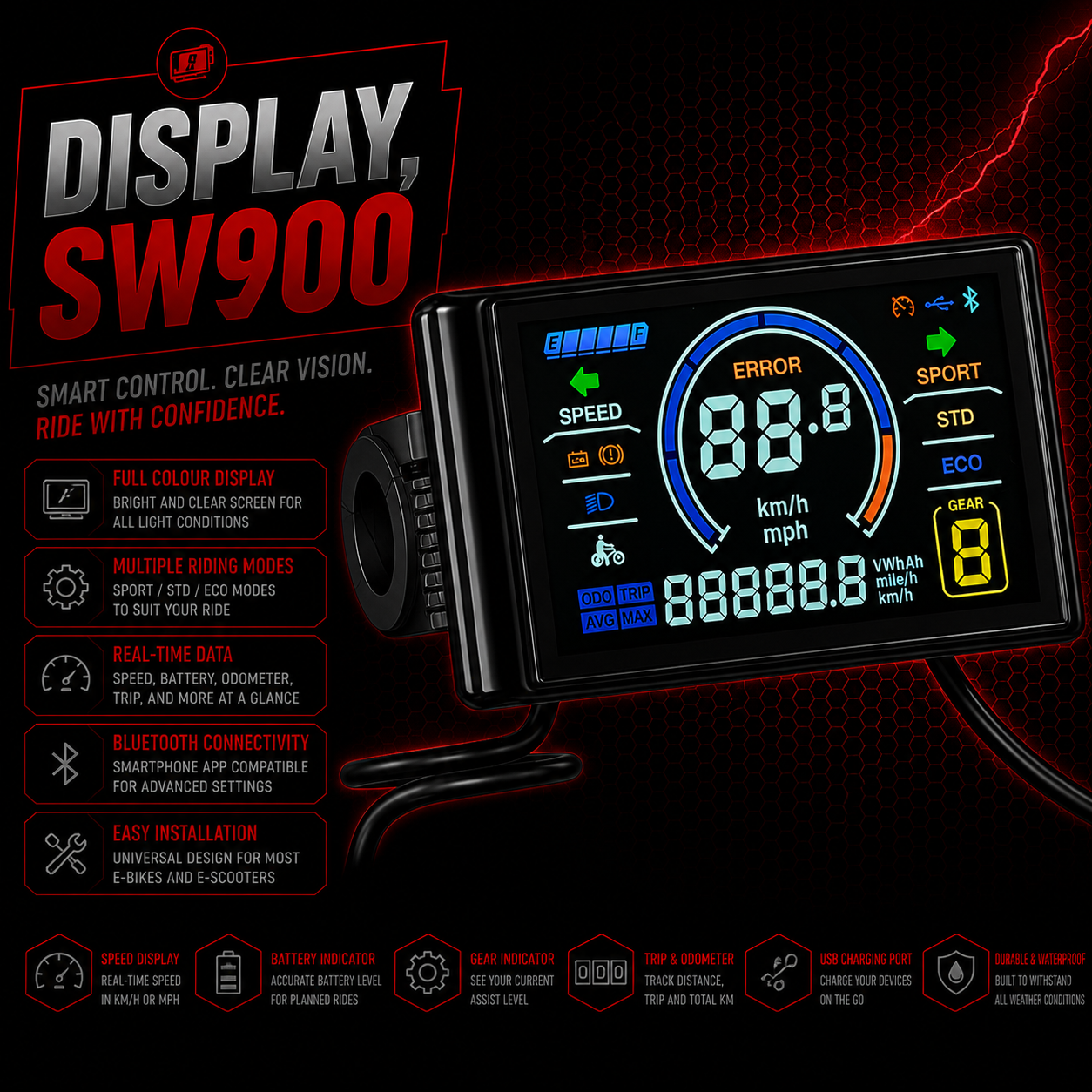 Full Colour EBike Display SW900 36V-72V USB Port Electric Bicycle Screen Panel