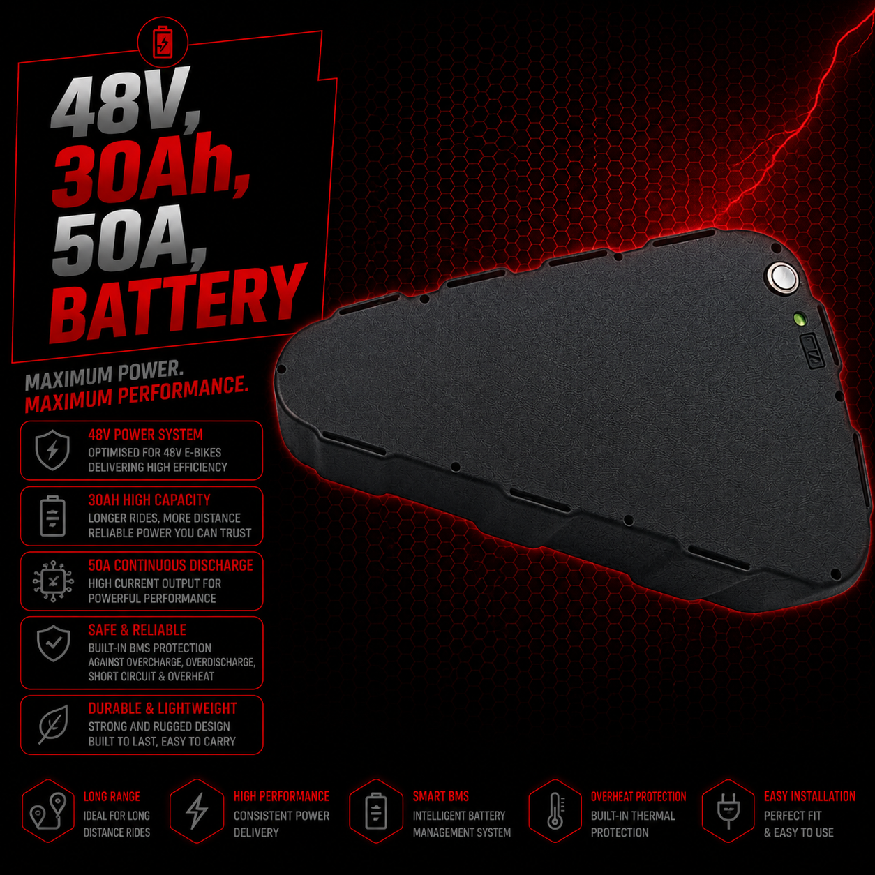 48V 30AH Lithium E bike battery 50A BMS 50GB 21700 0-2400W Triangle Ebike Battery High Quality