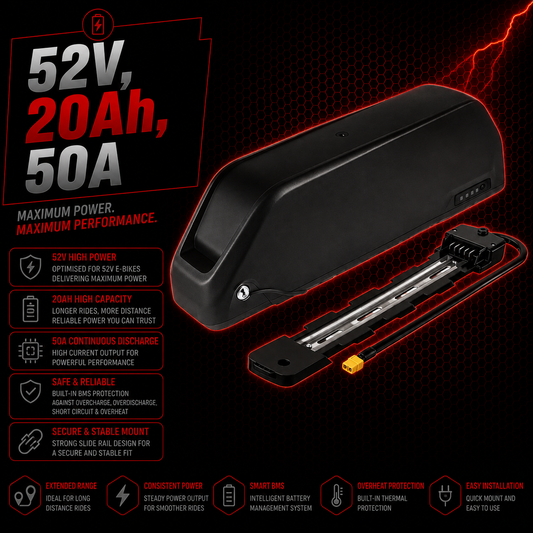 52V 20Ah Ebike Battery 50A BMS 50GB 21700 Cells XT90 Base 4 Slot + Charger Electric Bicycle 200W-2000W UK