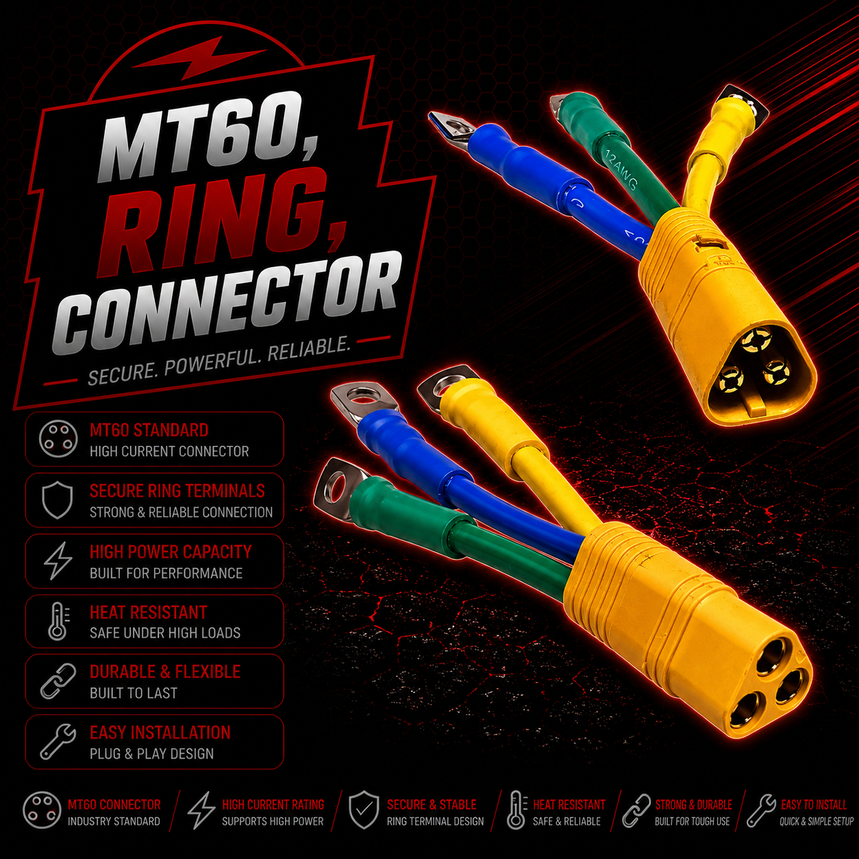 MT60 O Ring Connector Converter Ebike Phase Terminal 12AWG, Green, Yellow, Blue