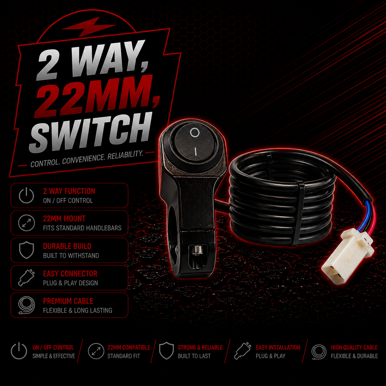 E Bike 2 Way 22MM Handlebar Switch Lights Light Bar LED Universal Motorcycle