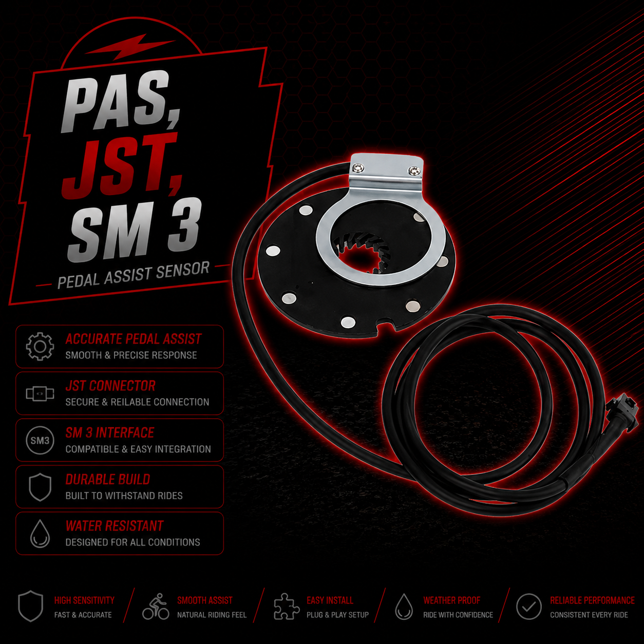 Electric Bike Pedal Assist Cadence Sensor PAS JST SM 3 Pin 8 Magnet EBike Ring.