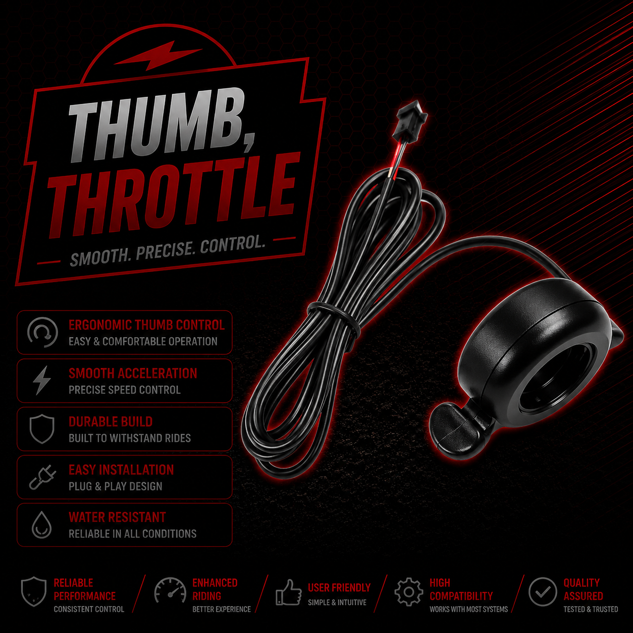 E-bike Thumb Throttle 22mm Bars SM Plug 12V/24V/36V/48V/52V/60V/72V 3000W UK