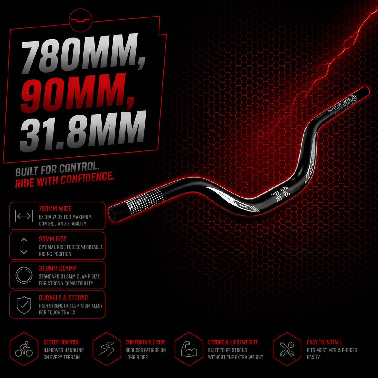 High Rise Handlebar 780mm Wide 90mm Rise 31.8mm Stem EBike Sur Ron Talaria Bars