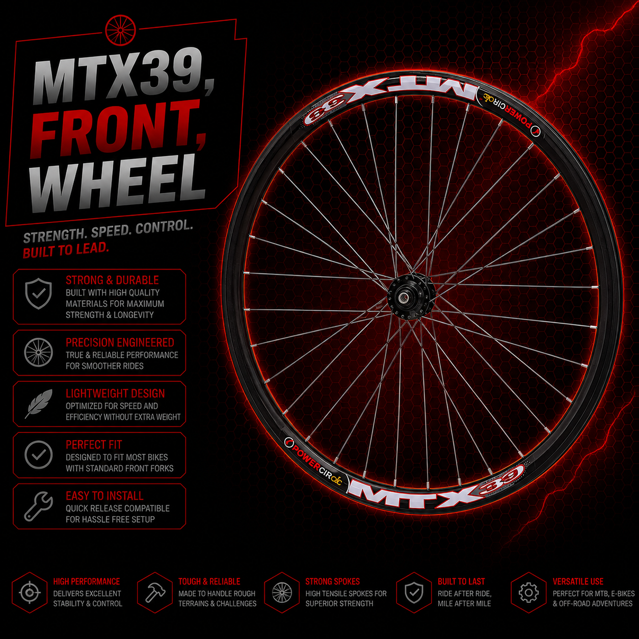 MTX 39 Front Wheel E Bike 20″ 24″ 26″ 27.5″ 29″ Thru Axle QR 110mm 100mm Dropout