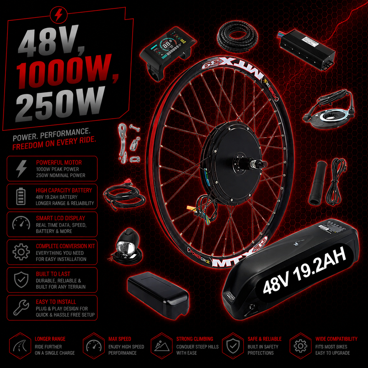 48V 1000W / 250W Electric Bike Conversion Kit – MTX Rear Wheel & Battery – 7-11 Speed Cassette – 26″ 27.5″ 29″ E-Bike Upgrade