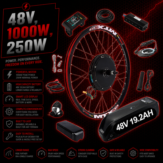 48V 1000W / 250W Electric Bike Conversion Kit – MTX Rear Wheel & Battery – 7-11 Speed Cassette – 26″ 27.5″ 29″ E-Bike Upgrade