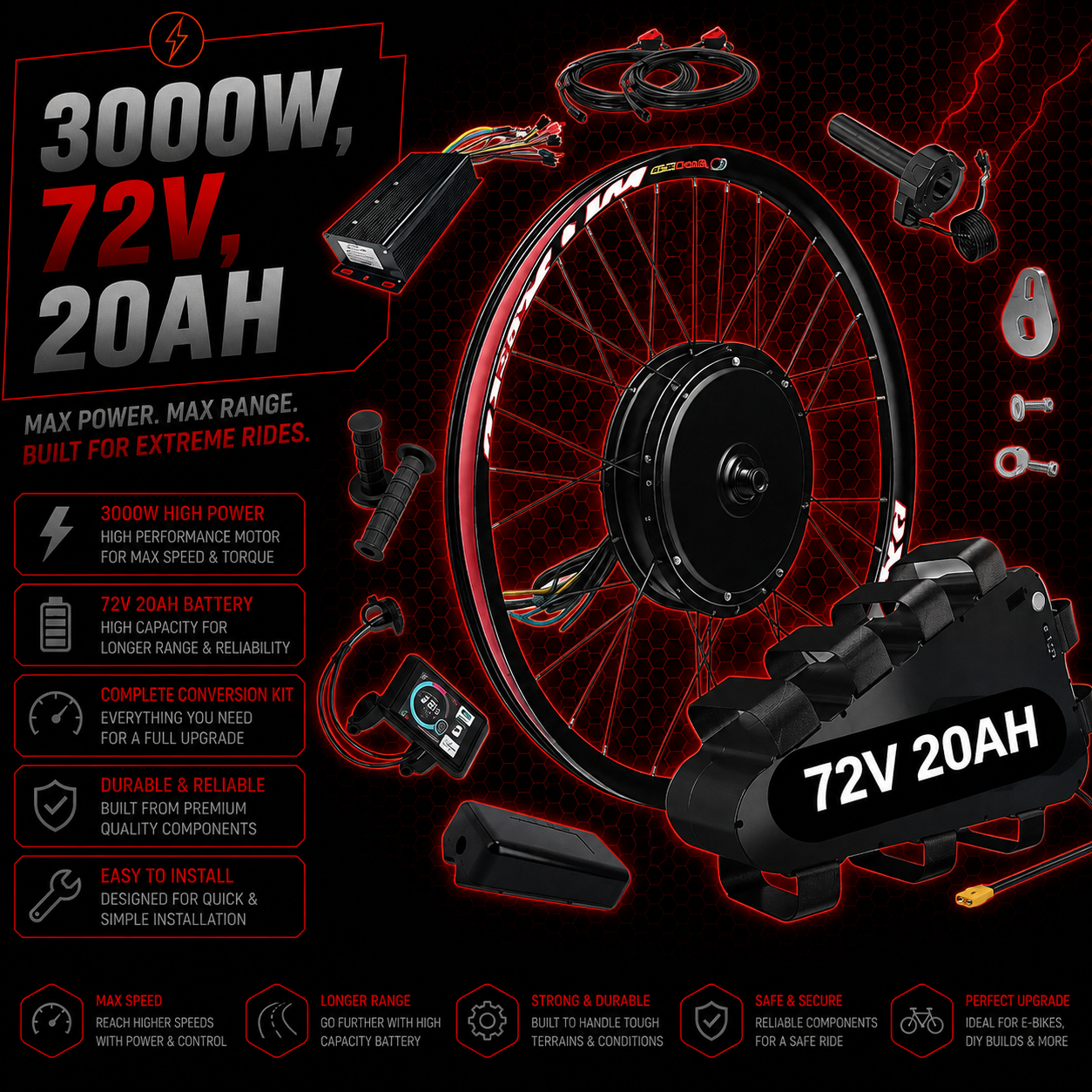 3000W E-Bike Conversion Kit | 72V 60A-80A Sine Wave Controller | High-Torque Rear Wheel (26″ / 27.5″ / 29″) | 135 mm Dropout | Single-Speed Electric Bike Kit