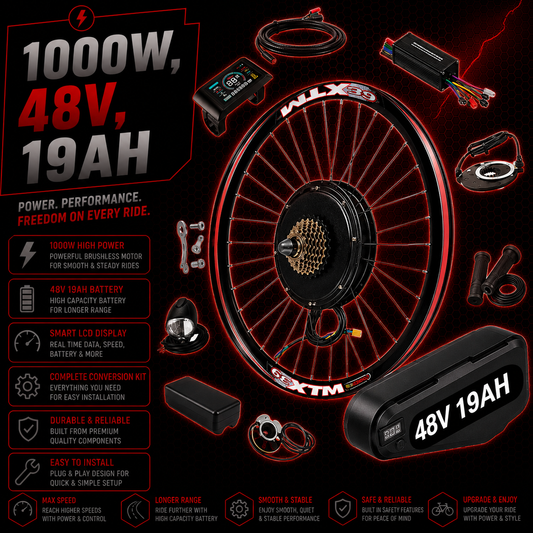 48V 1000W Electric Bike Conversion Kit – Rear Wheel + 19Ah LG Battery 1000WH | 7-Speed E-Bike Upgrade 26″ 27.5″ 29″