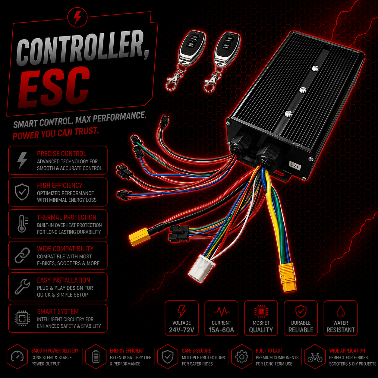 Sine Wave E Bike Controller ESC In Black 1000W 2000W 3000W 45 Amp Suits 48V 52V 60V 72V Batteries