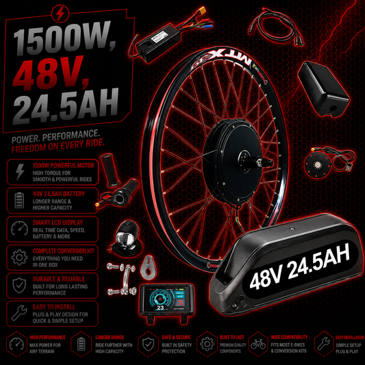 1500W E-Bike Conversion Kit 48V Cassette Rear Wheel 48V 24.5Ah Battery, Colour Display, MTX39 Rim, Fits 1–11 Speed Cassettes | High-Torque Electric Bike Kit