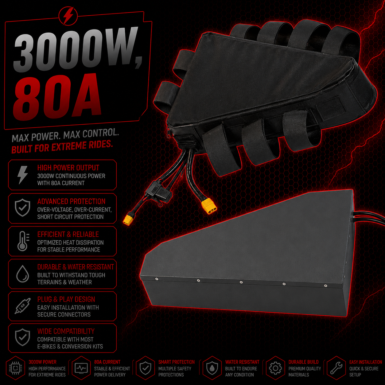 72V 30AH Aluminum Triangle Case Bag Lithium E Bike Battery 3000W 80A BMS Big Capacity 50S XT90