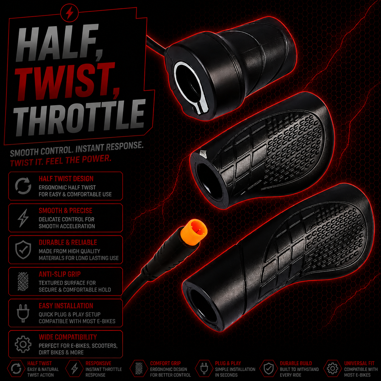 Half Twist Throttle Electric Ebike Right Hand 3 Pin E Bike Grip Twist Throttle