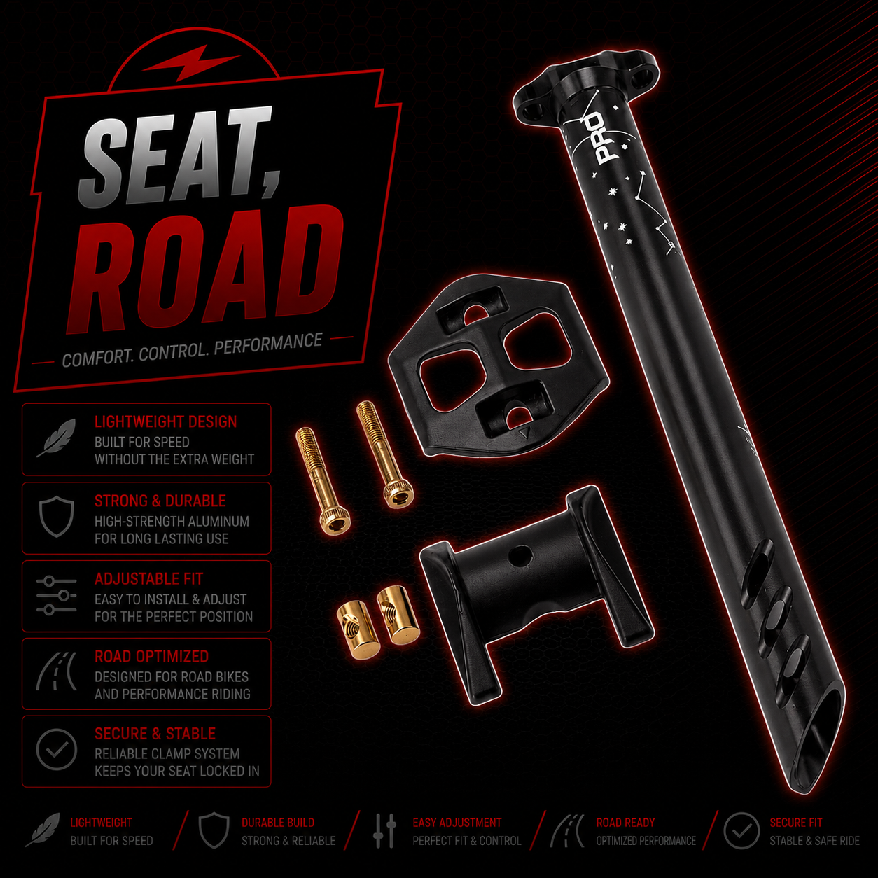 MTB Road Bike Seat Post – 31.6mm x 380mm – Black – TANKE