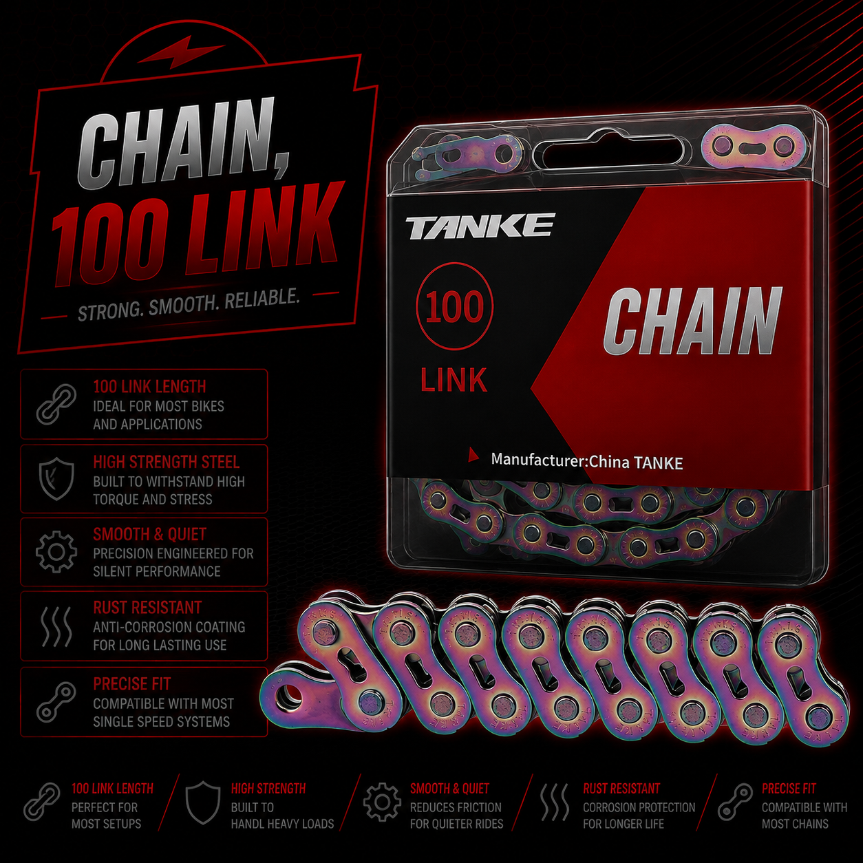 Single Speed Bike Chain 100 Link 1/2″ x 1/8″ E BIKE, Jump Bike BMX Fixed Gear City – TANKE