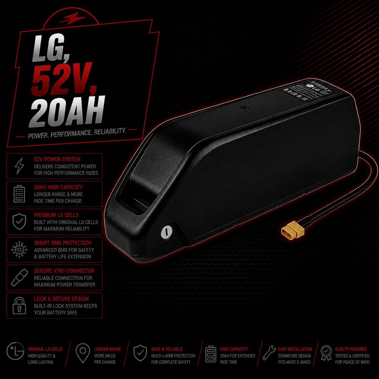 E Bike Battery Lithium 40A 50A BMS, LG 52V 20AH High Power Small & Compact,