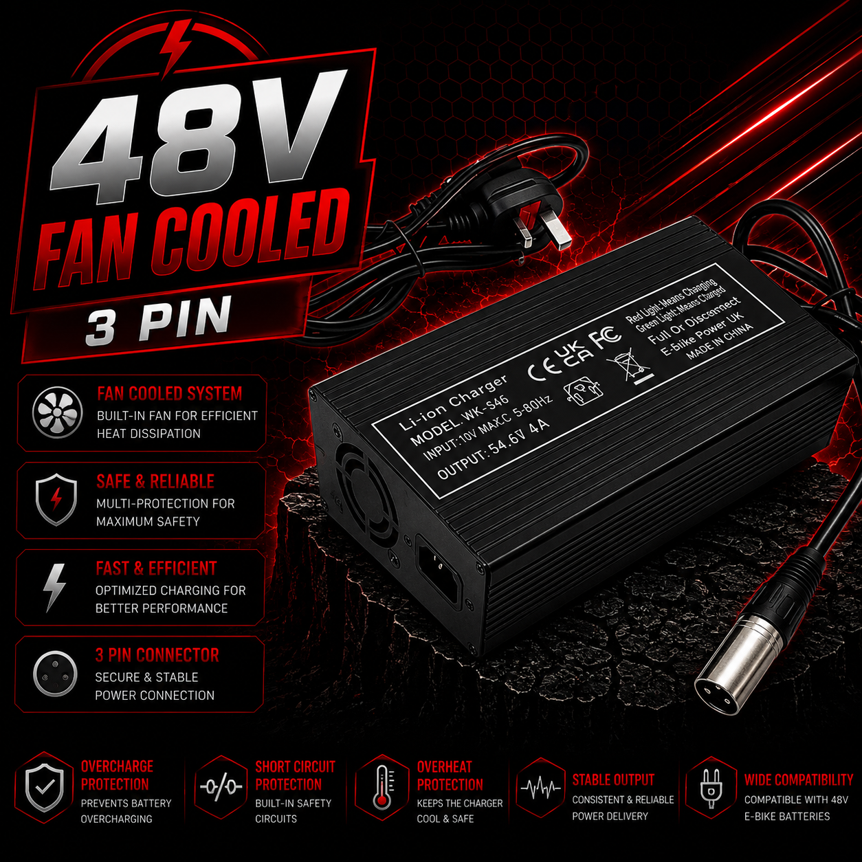 48V (54.6V) Fan Cooled Battery Charger 13s 4A 3 Pin XLR Li-ion UK Plug SJT-600E