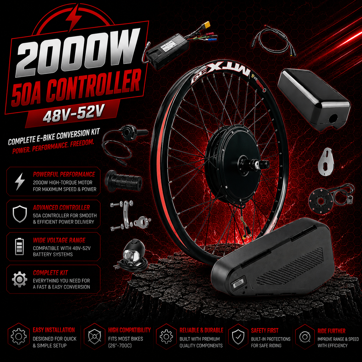 2000W E-Bike Conversion Kit Rear Wheel 50A Controller UKC1 Display 48V 52V Battery Cassette or Freewheel