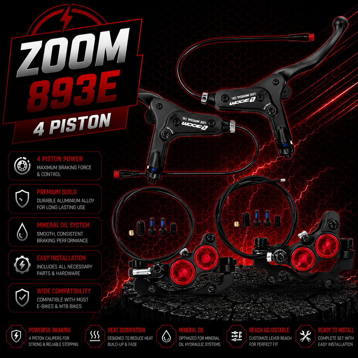 ZOOM 893E 4 Piston Hydraulic Brake Set Pre-Bled Left Right E-Bike + Sensors Black\Red & Black on Black