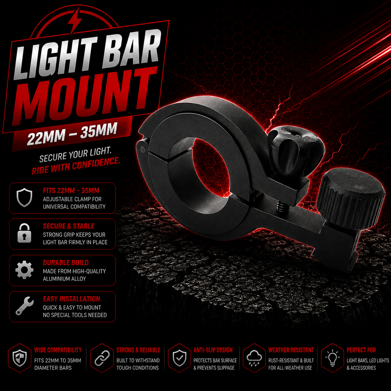 Universal LED Bike Light Bar Mount – Handlebar Clamp Only 22MM – 35MM