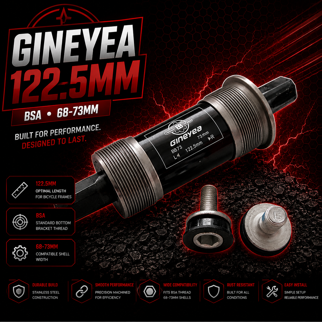 GINEYEA Square Taper Bottom Bracket 122.5mm BSA 68-73mm Sealed MTB Road Bike BB