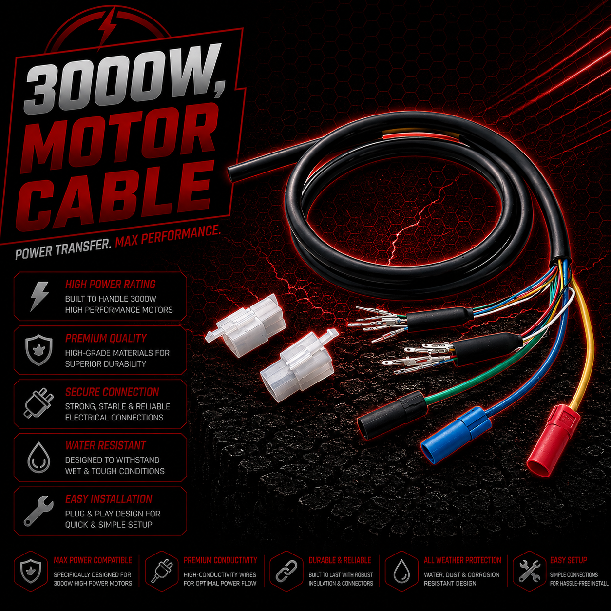 3000W Hub Motor Cable Replacement 10mm Thick 120cm Long XT150 Daul Hall21.0021.00