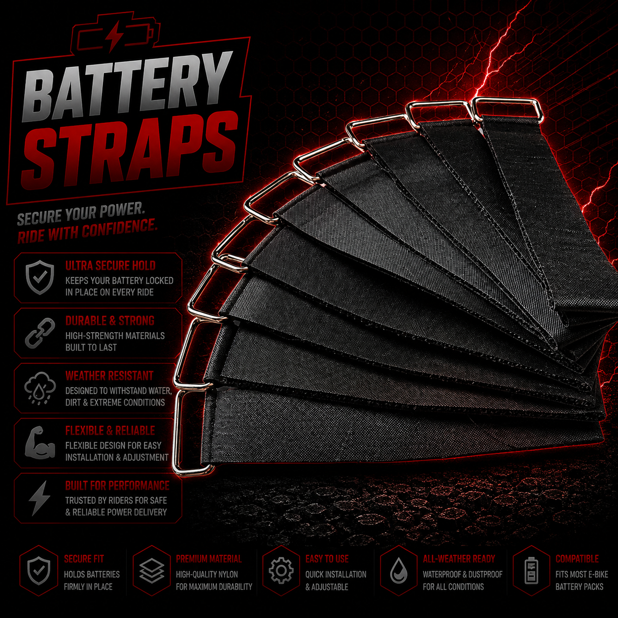 Triangle E Bike Battery Straps Heavy Duty Buckle Lithium Pack Hock & Loop