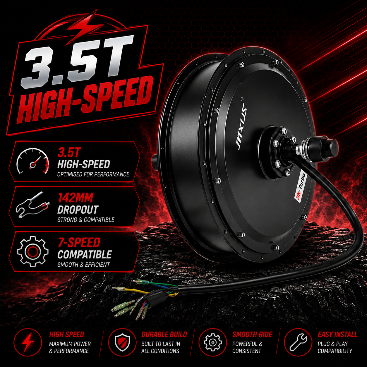 3000W Rear Hub Motor Wheel | 3.5T High-Speed | 48V 52V 60V 72V | V3 Aluminium Stator | 142mm Dropout | 7-Speed Freewheel Compatible