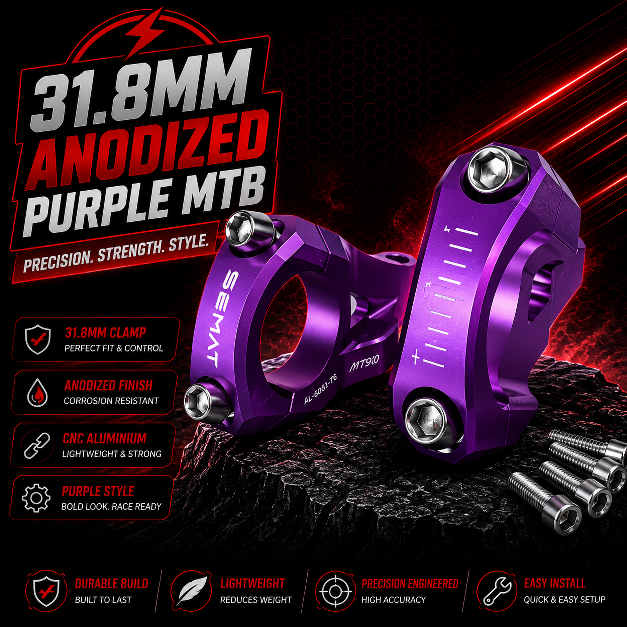 Direct Mount Stem CNC Alloy 31.8mm Anodized Purple MTB Downhill BMX Bike Stem