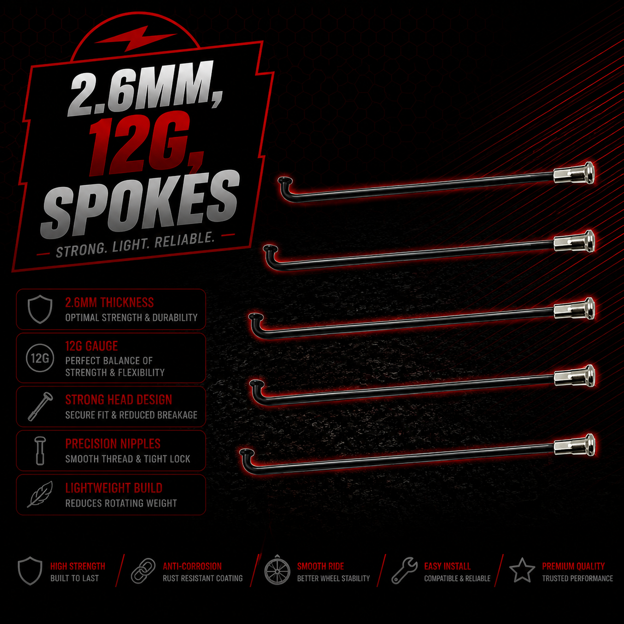 2.6mm 12G Spokes & Nipples Front Rear E Bike Wheel Motor All Rim Types Black 6 Pack