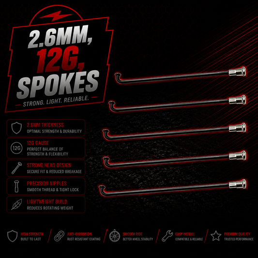 2.6mm 12G Spokes & Nipples Front Rear E Bike Wheel Motor All Rim Types Black 6 Pack