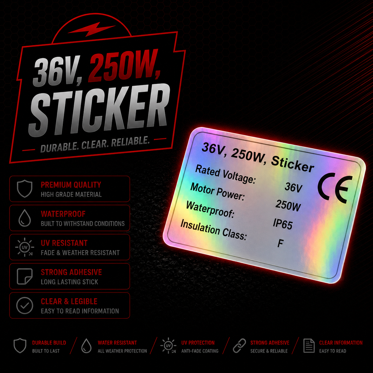 36V 250W UK Legal EBike Sticker Holographic Hub Mid-Drive Kits OEM Decal EAPC