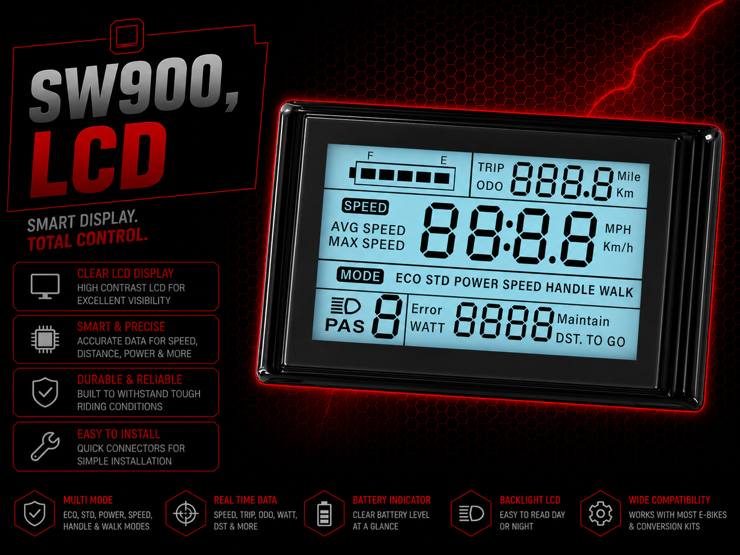SW900 LCD Display Control Panel 24V 36V 48V 52V 60V 72V EBike Electric Bicycle Screen 5 Pin