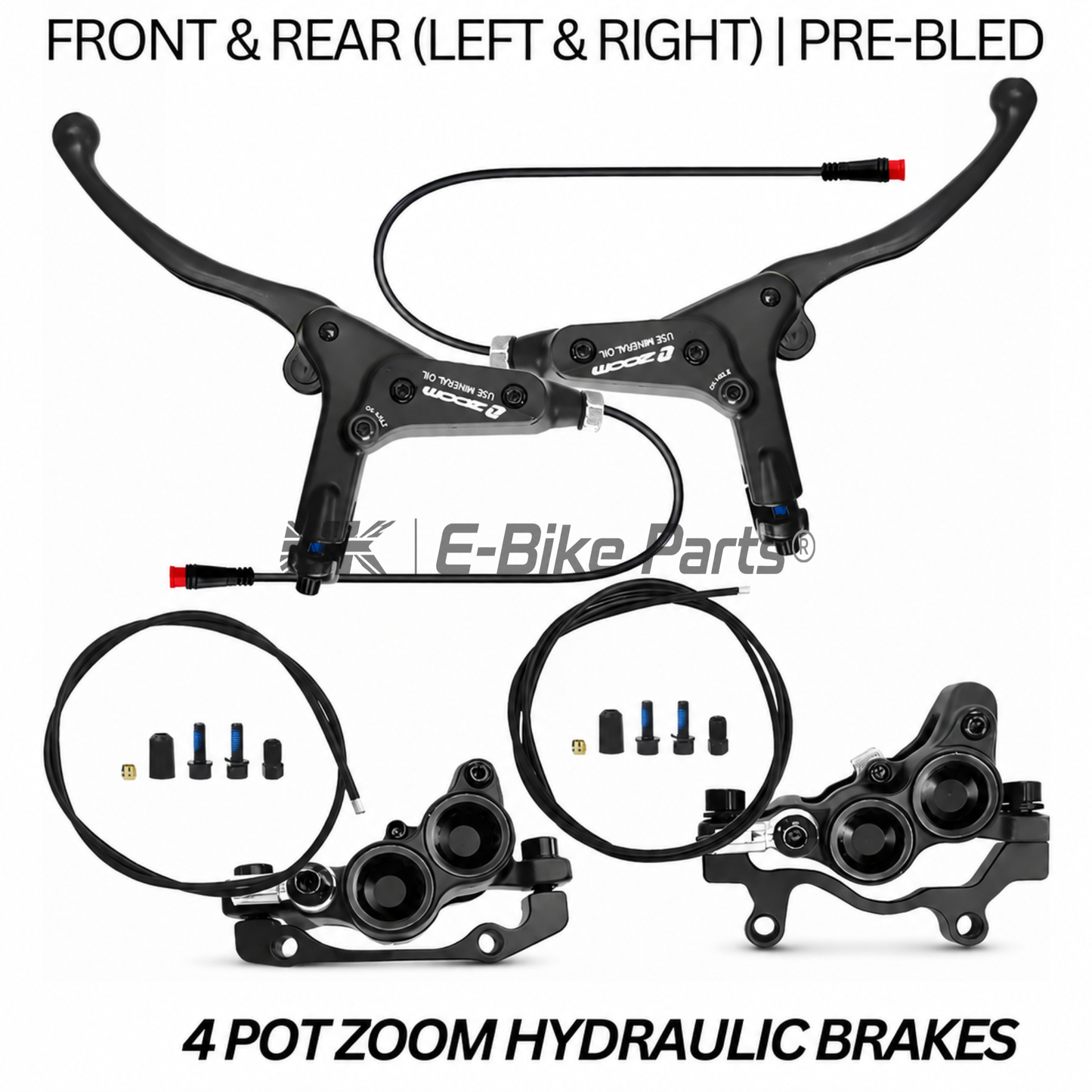 ZOOM 893E 4 Piston Hydraulic Brake Set Pre-Bled Left Right E-Bike + Sensors Black\Red & Black on Black