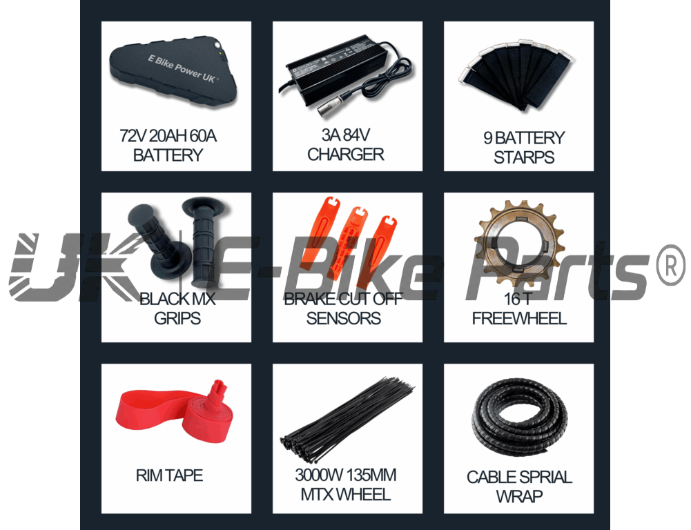 3000W E-Bike Conversion Kit | 72V 60A-80A Sine Wave Controller | High-Torque Rear Wheel (26″ / 27.5″ / 29″) | 135 mm Dropout | Single-Speed Electric Bike Kit