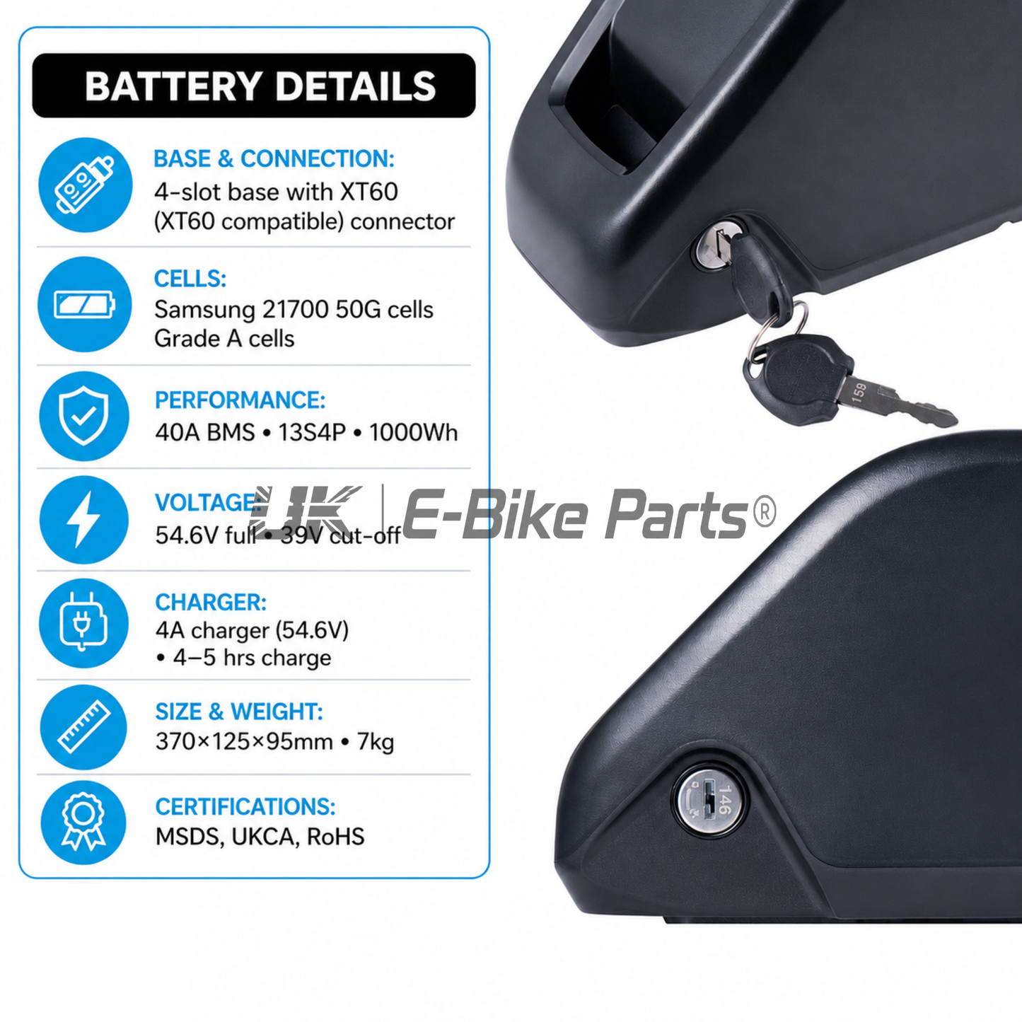 48V 20Ah 1000Wh Poly E Bike Battery | 21700 50GB Cells 40A BMS XT60 + Charger UK | 250W-1500W