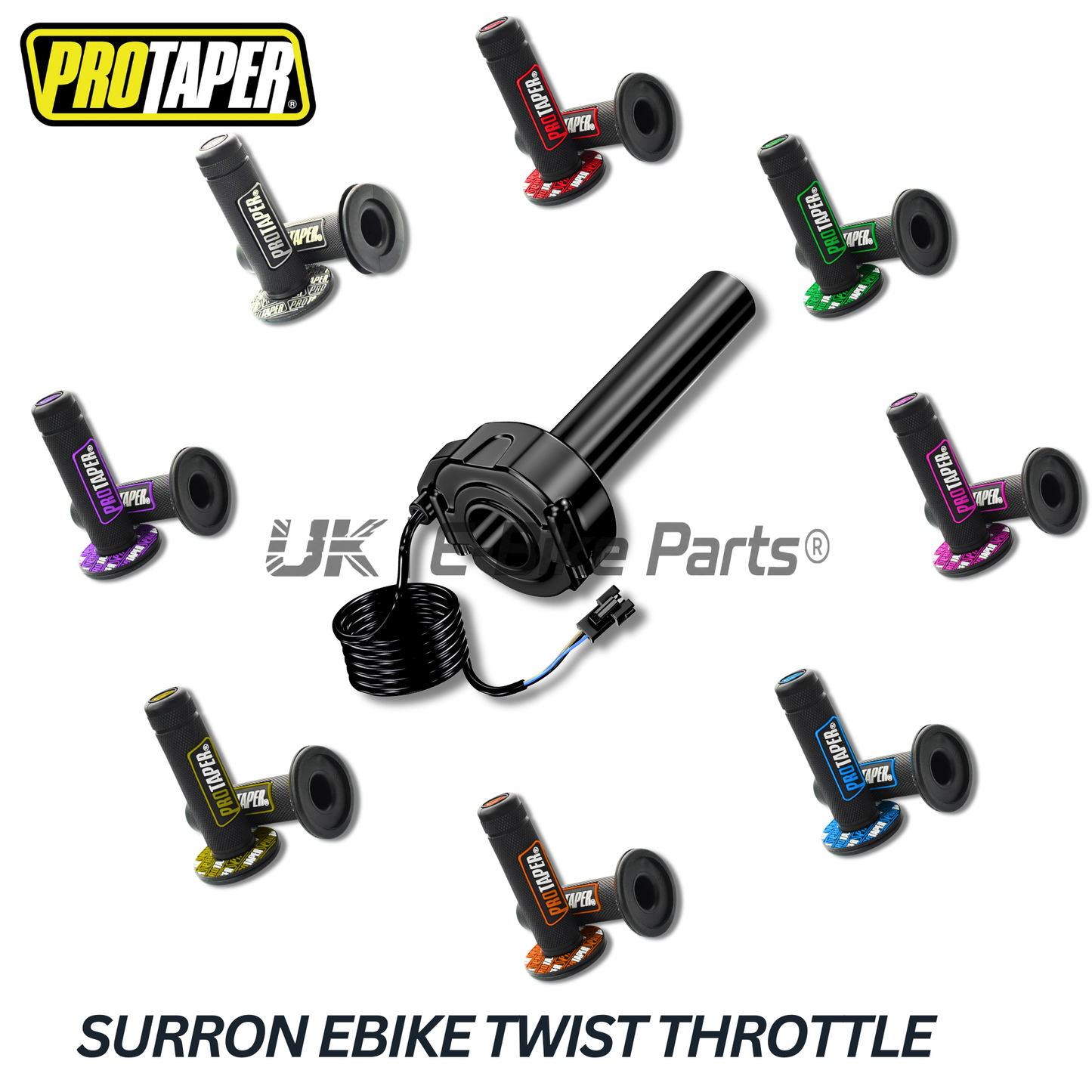 SurRon Style E-Bike Twist Throttle with Protaper Waffle Grips – All Colours – 3 Pin SM JST Plug – Compatible with Sabvoton, Far Driver, DC MOTO, KT Controllers – UK Stock